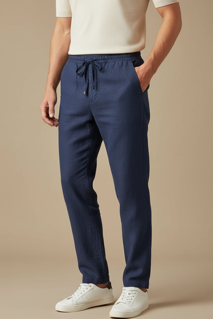 Pantalon Chinois Bleu Marine Lin Cordon Décontracté Homme