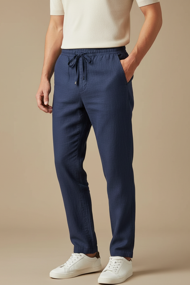 Pantalon Chinois Bleu Marine Lin Cordon Décontracté Homme