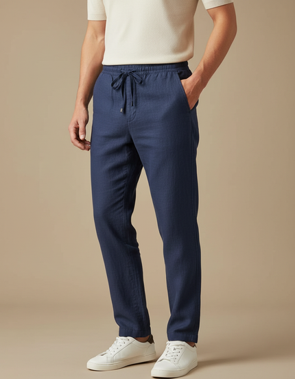 Pantalon Chinois Bleu Marine Lin Cordon Décontracté Homme