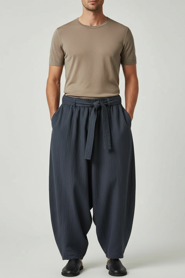 Pantalon Chinois Gris Foncé Ample Lin Cordon Homme