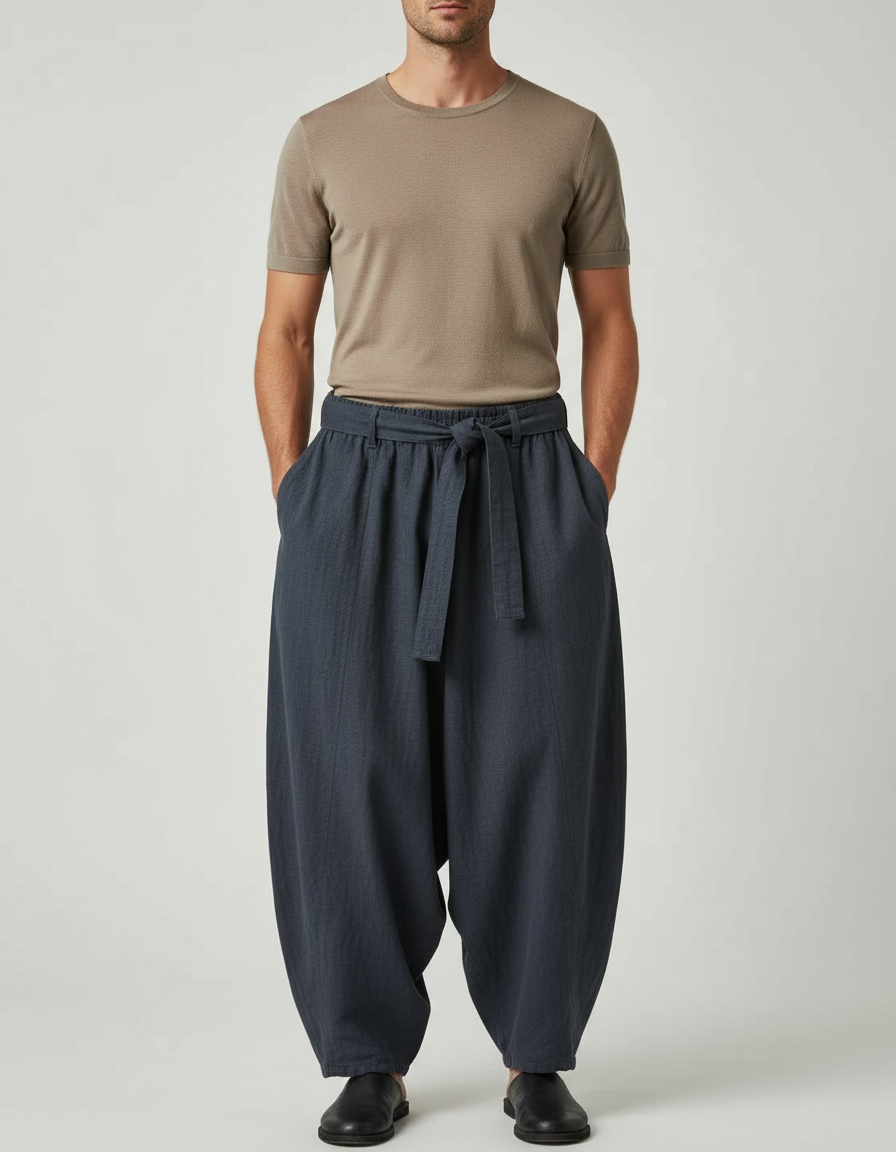 Pantalon Chinois Gris Foncé Ample Lin Cordon Homme