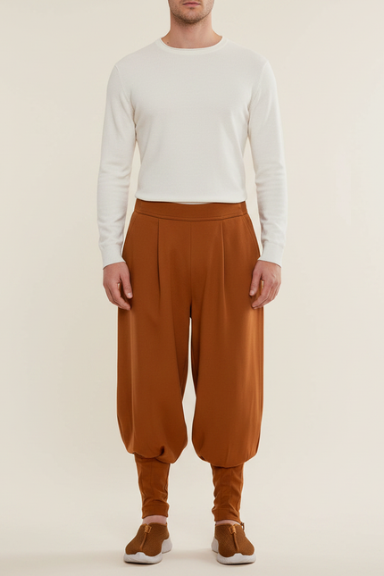 Pantalon Chinois Marron Harem Plissé Confortable Homme - Viscose
