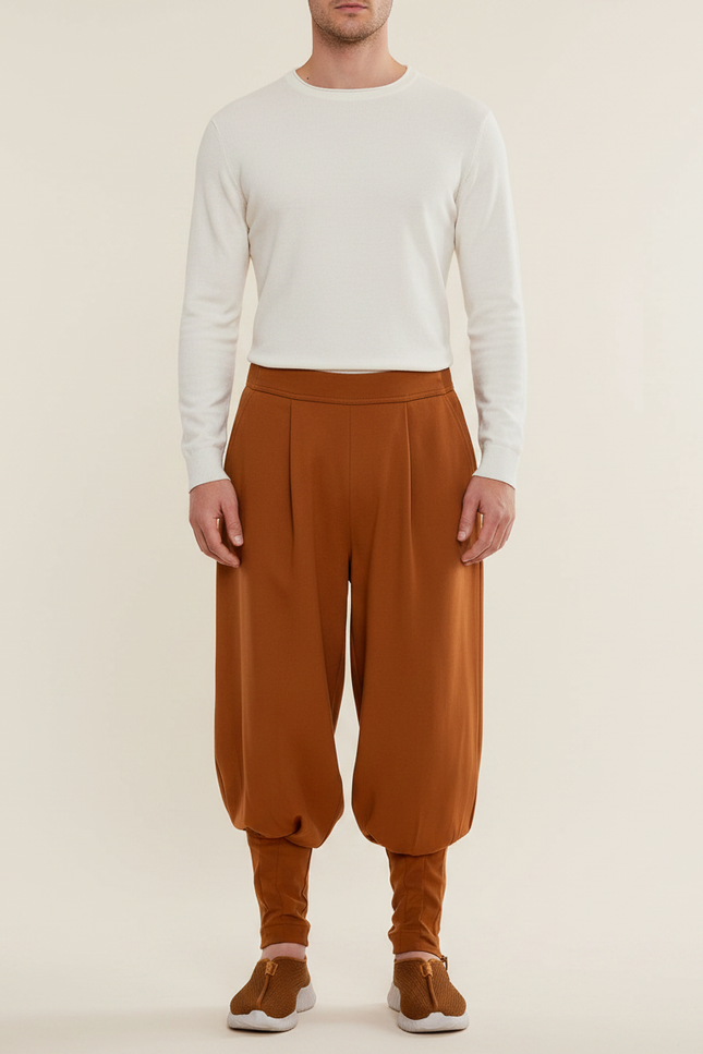 Pantalon Chinois Marron Harem Plissé Confortable Homme - Viscose