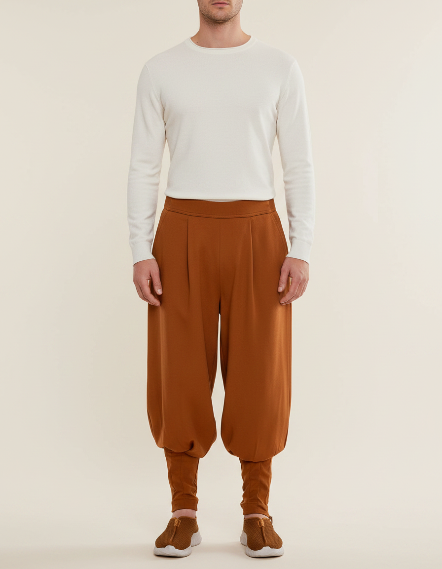 Pantalon Chinois Marron Harem Plissé Confortable Homme - Viscose