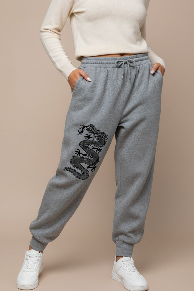 Pantalon Chinois Gris Dragon Molletonné Ample Décontracté