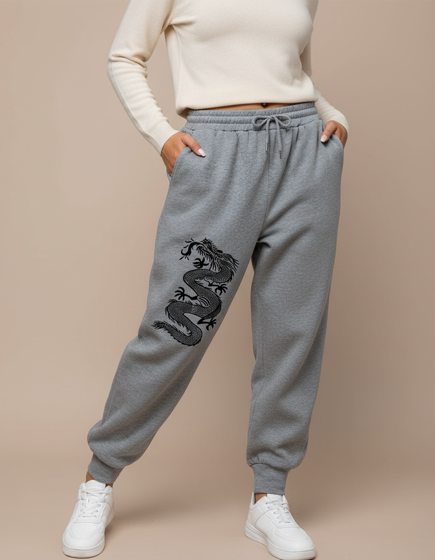 Pantalon Chinois Gris Dragon Molletonné Ample Décontracté