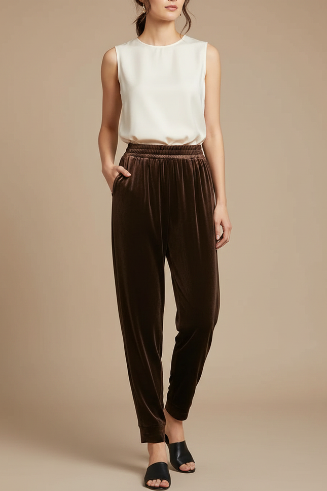 Pantalon Chinois Velours Marron Ample Décontracté Femme