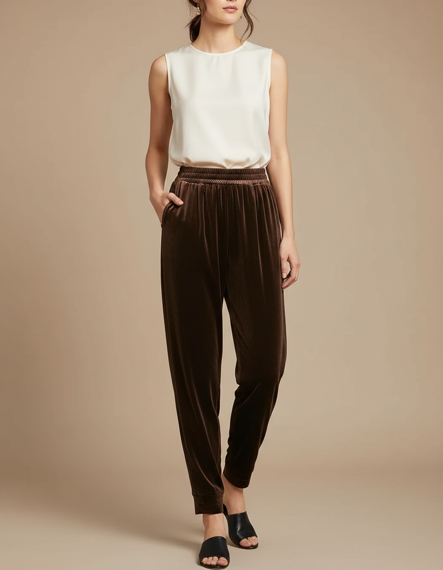 Pantalon Chinois Velours Marron Ample Décontracté Femme