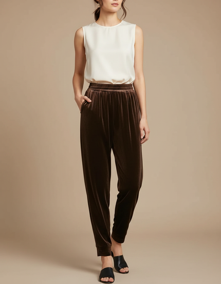 Pantalon Chinois Velours Marron Ample Décontracté Femme