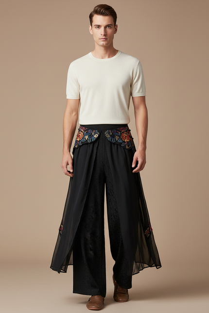 Pantalon Chinois Noir Brodé Floral Ample Fluide - Polyester