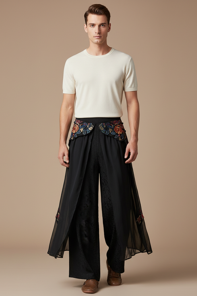 Pantalon Chinois Noir Brodé Floral Ample Fluide - Polyester