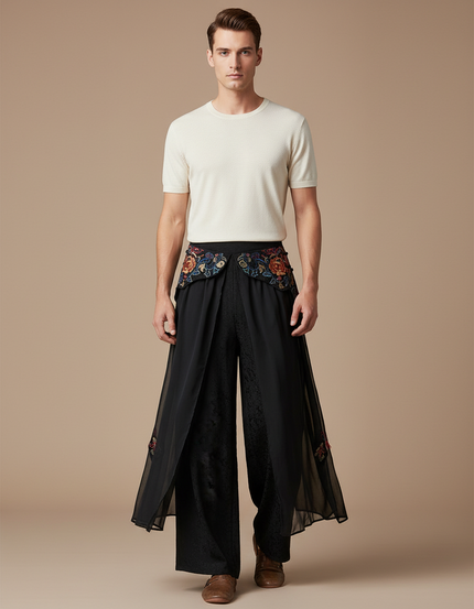 Pantalon Chinois Noir Brodé Floral Ample Fluide - Polyester