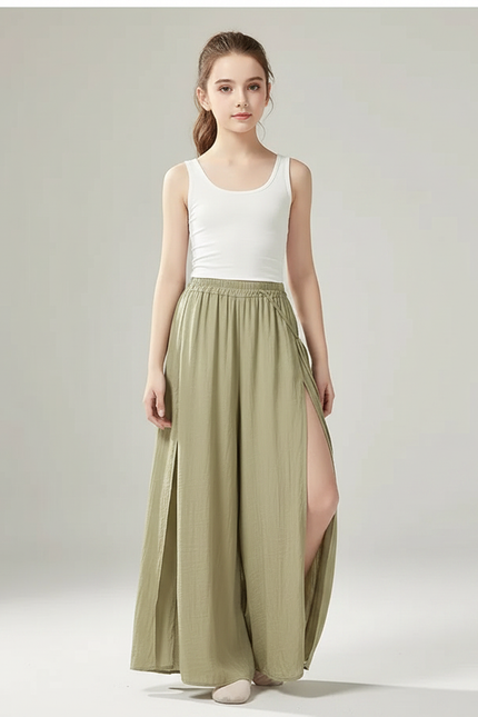 Pantalon Chinois Vert Fluide Ample Fendu Élégant Danse - Viscose