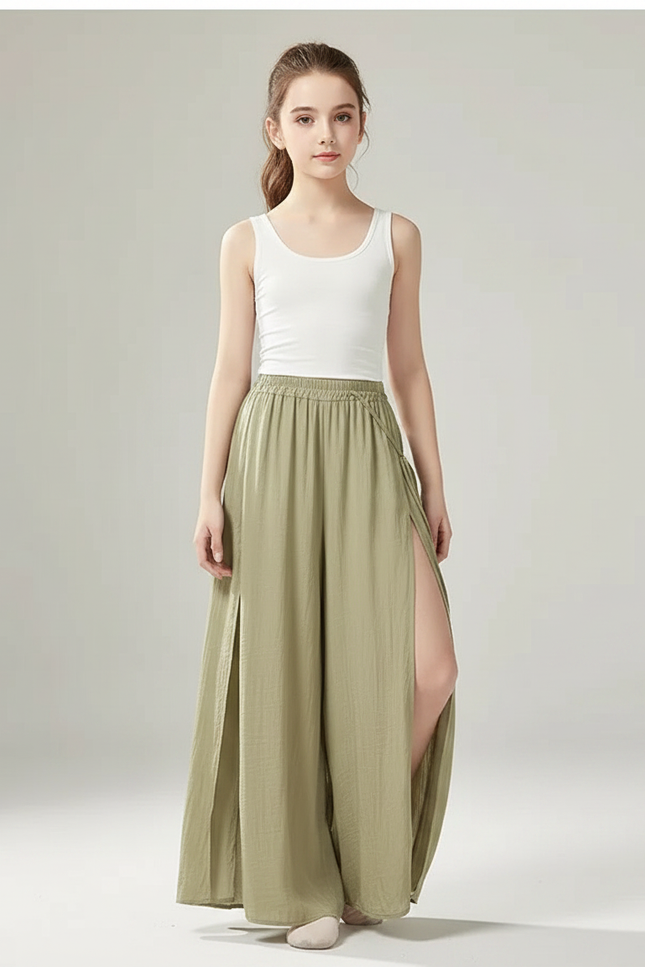 Pantalon Chinois Vert Fluide Ample Fendu Élégant Danse - Viscose