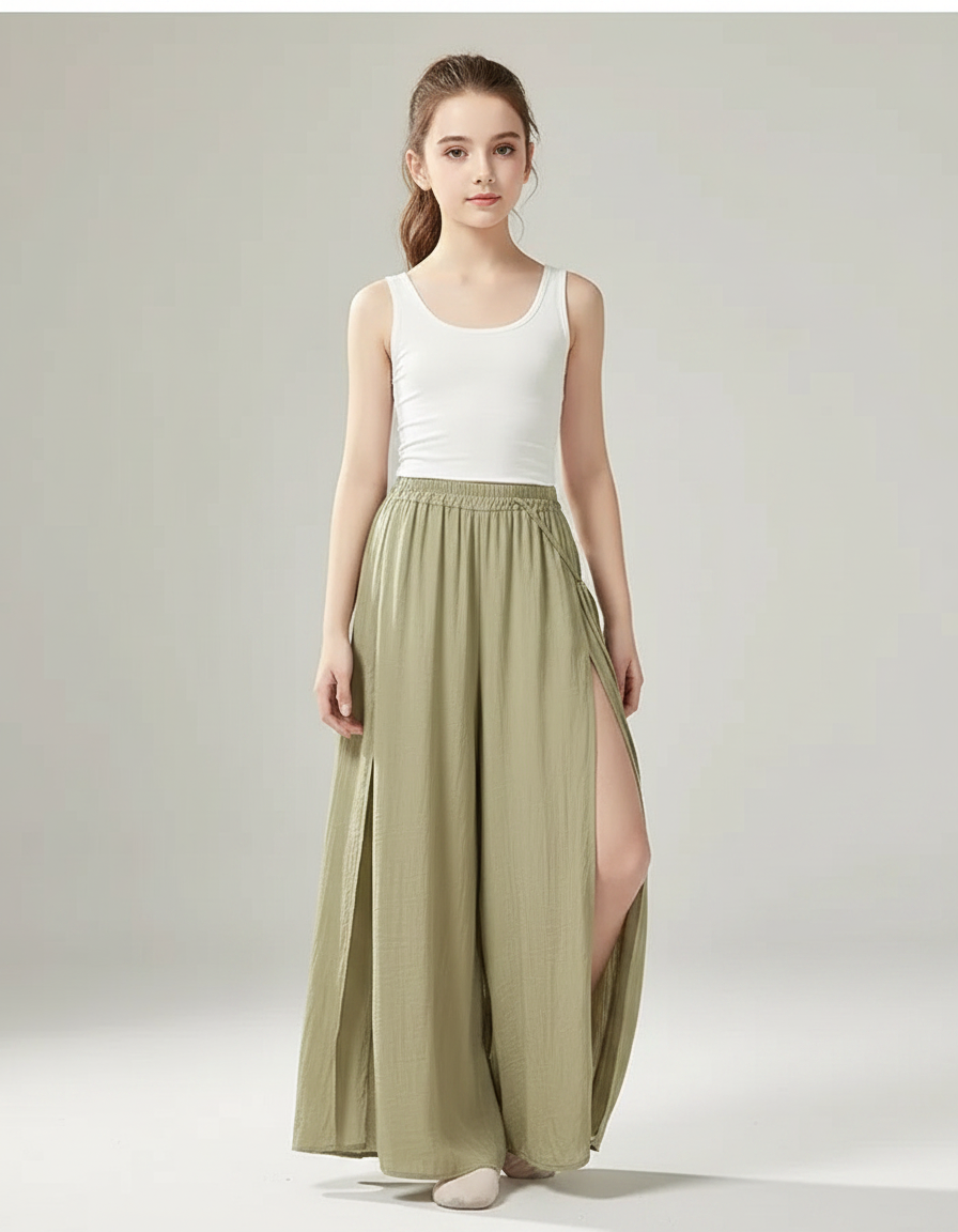 Pantalon Chinois Vert Fluide Ample Fendu Élégant Danse - Viscose