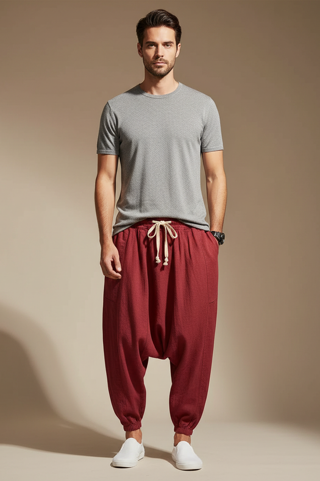 Pantalon Chinois Harem Lin Rouge Cordon Ample Homme - Bordeaux