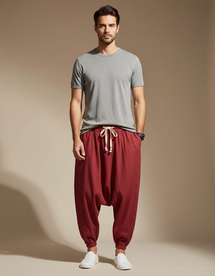 Pantalon Chinois Harem Lin Rouge Cordon Ample Homme - Bordeaux