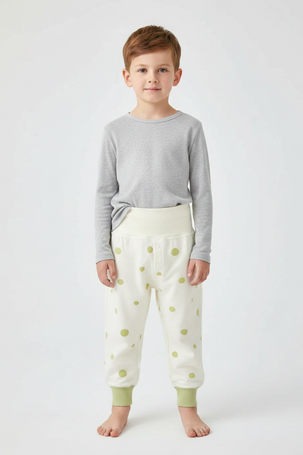 Pantalon Chinois Crème Pois Vert Coton Ample Enfant - Imprimé Molleton