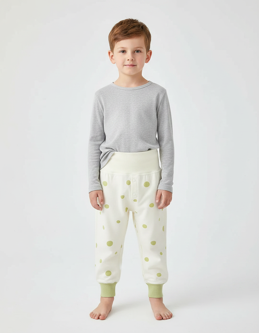 Pantalon Chinois Crème Pois Vert Coton Ample Enfant - Imprimé Molleton