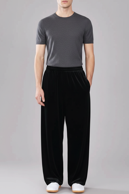 Pantalon Chinois Velours Noir Ample Décontracté Homme
