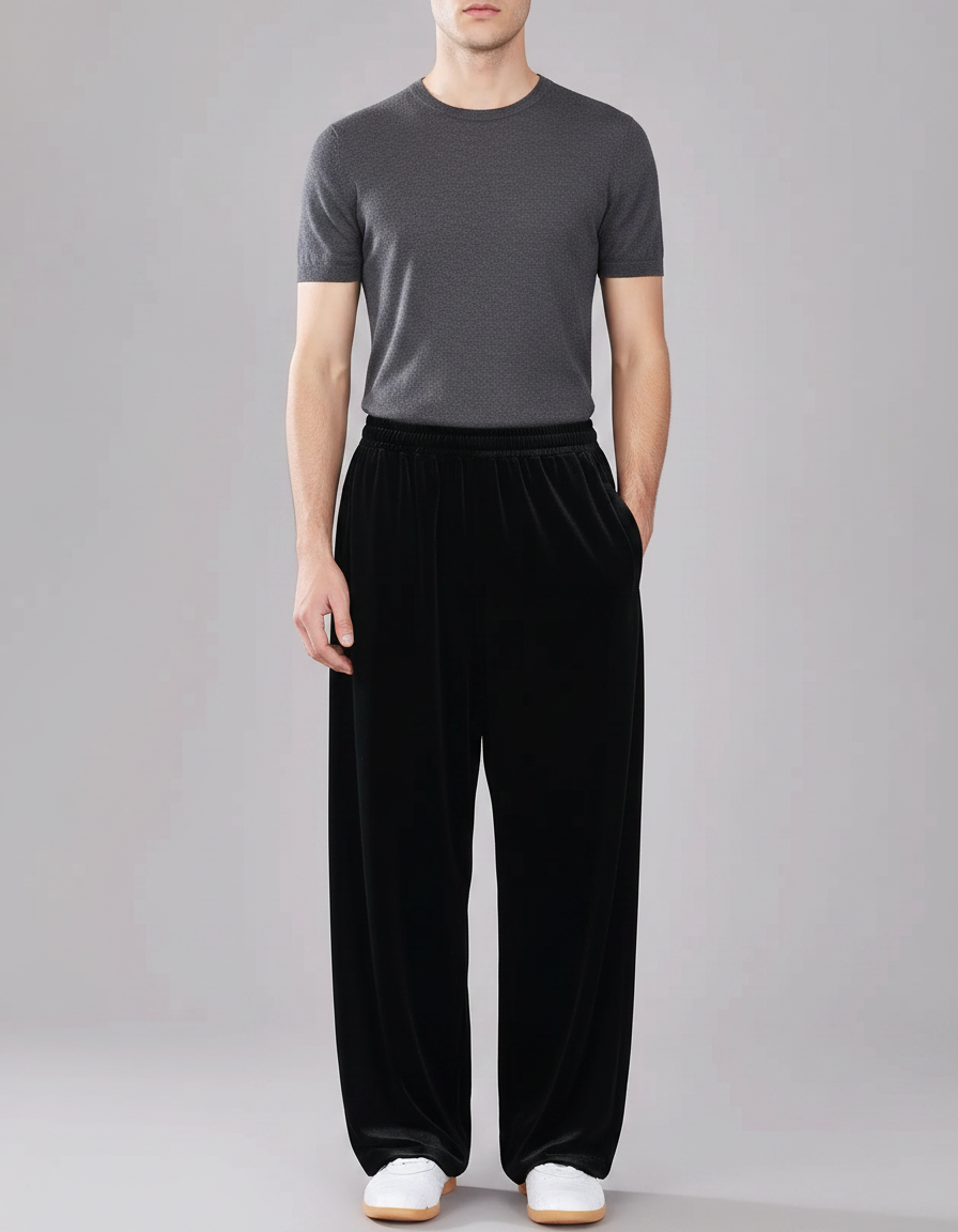 Pantalon Chinois Velours Noir Ample Décontracté Homme