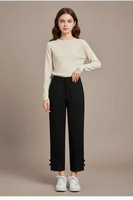 Pantalon Chinois Noir Ample Boutons Dentelle Femme - Gabardine