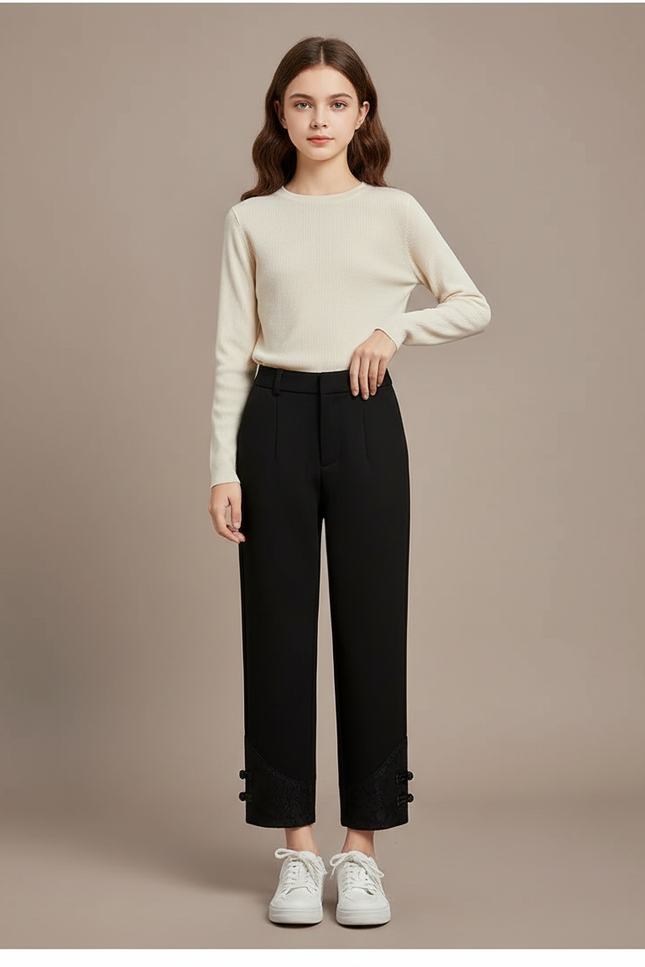 Pantalon Chinois Noir Ample Boutons Dentelle Femme - Gabardine
