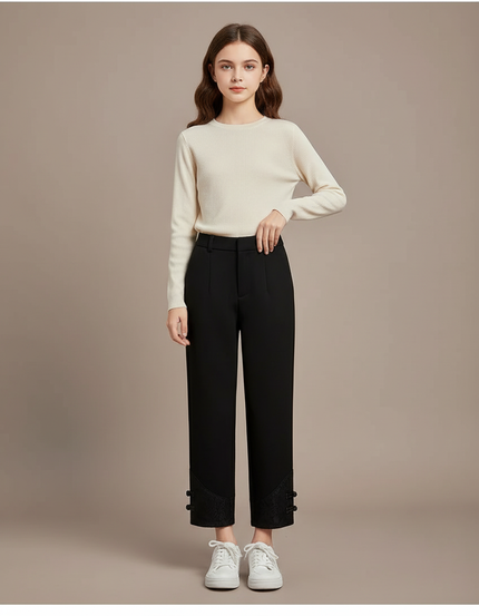 Pantalon Chinois Noir Ample Boutons Dentelle Femme - Gabardine