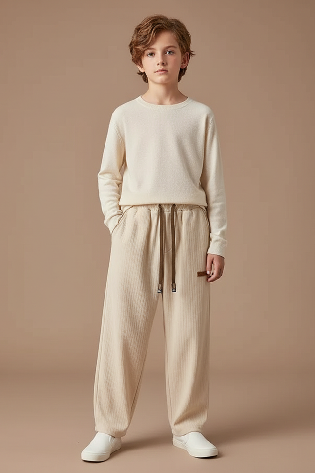Pantalon Chinois Beige Côtelé Ample Garçon Décontracté - Cordé