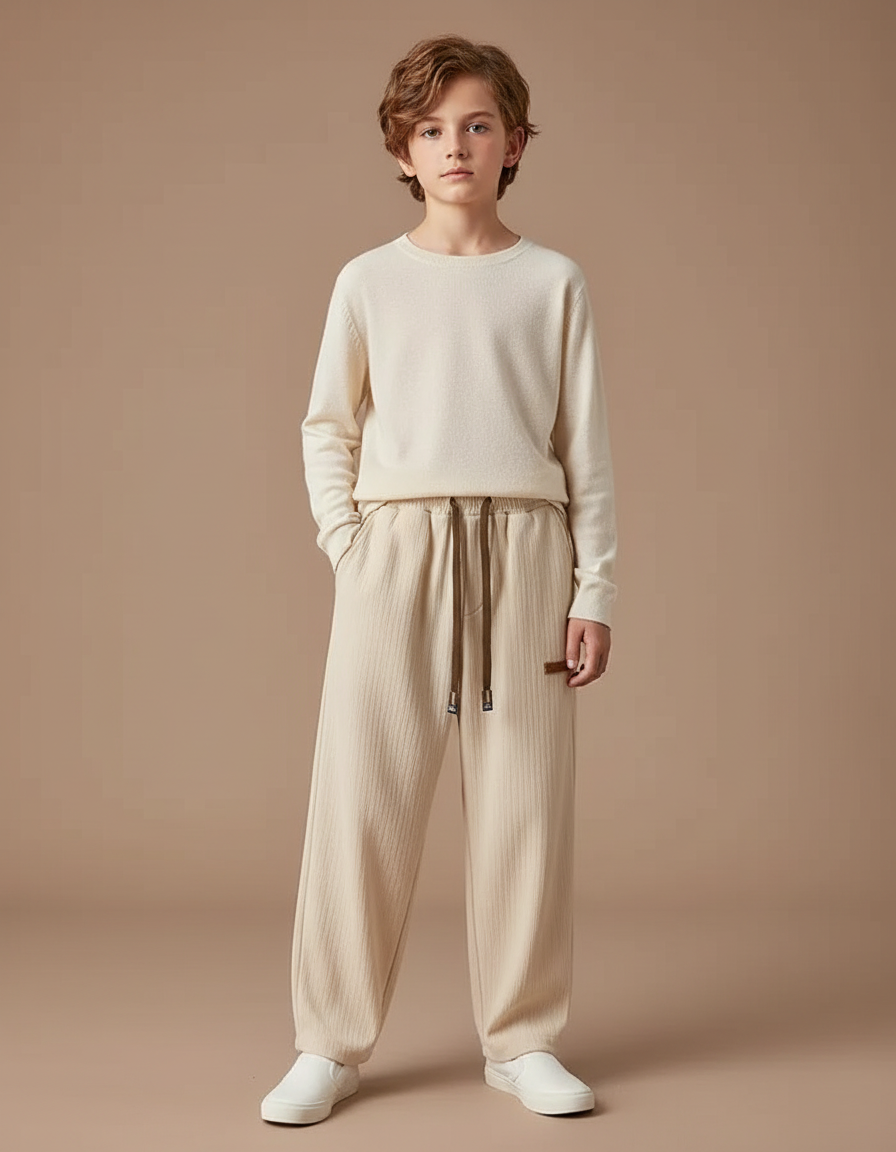 Pantalon Chinois Beige Côtelé Ample Garçon Décontracté - Cordé