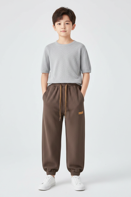 Pantalon Chinois Côtelé Marron Garçon Ample Décontracté - Cordé