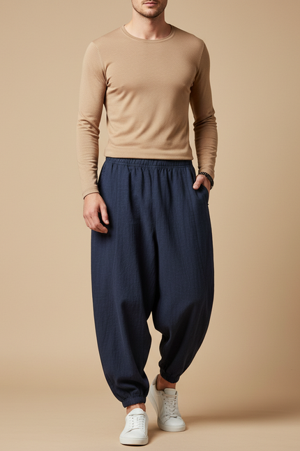 Pantalon Chinois Bleu Marine Ample Lin Cordon