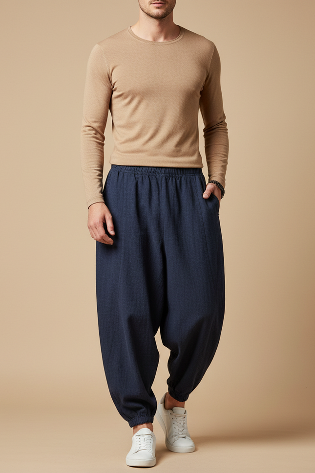Pantalon Chinois Bleu Marine Ample Lin Cordon