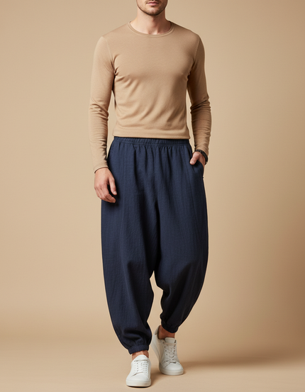 Pantalon Chinois Bleu Marine Ample Lin Cordon