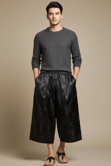 Pantalon Chinois Noir Ample Satin Dragon Homme