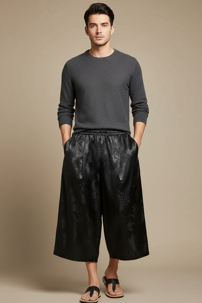 Pantalon Chinois Noir Ample Satin Dragon Homme