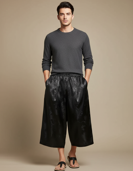Pantalon Chinois Noir Ample Satin Dragon Homme