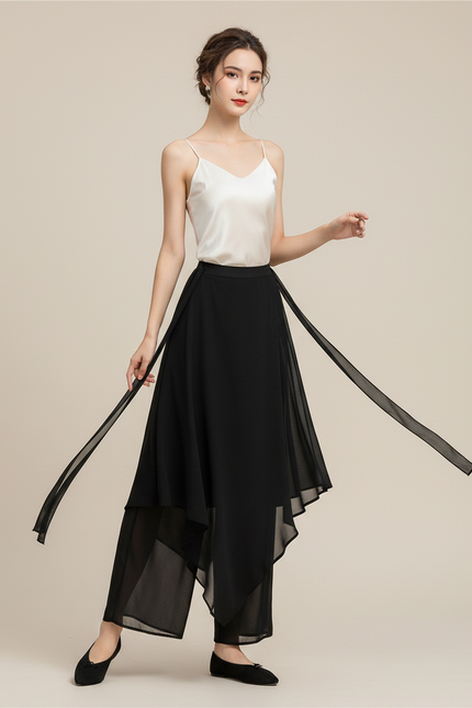 Pantalon Chinois Noir Fluide Ample Asymétrique Femme - Polyester