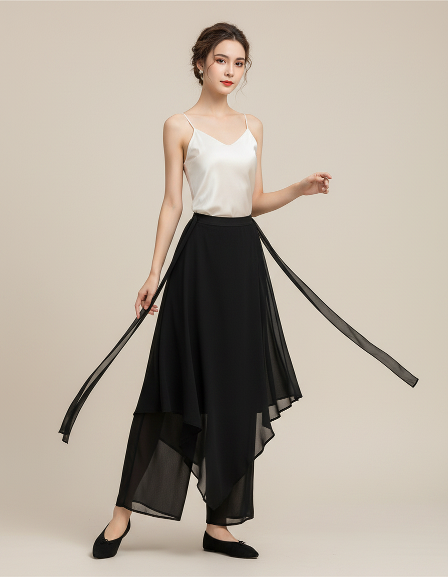Pantalon Chinois Noir Fluide Ample Asymétrique Femme - Polyester