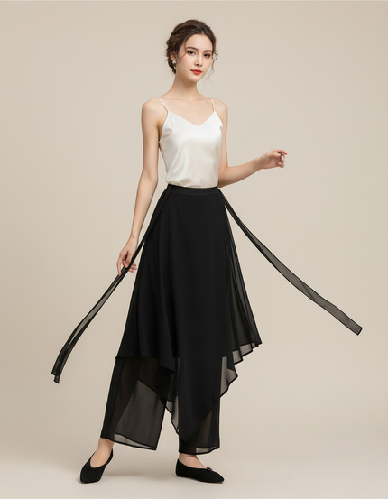 Pantalon Chinois Noir Fluide Ample Asymétrique Femme - Polyester
