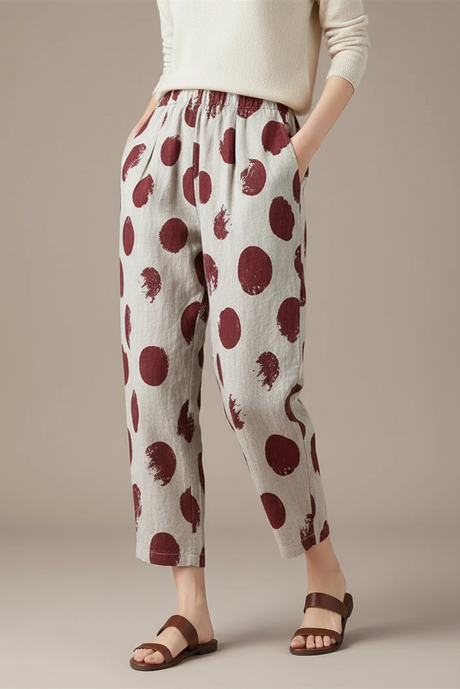 Pantalon Chinois Écru Lin Ample Imprimé Pois Rouge
