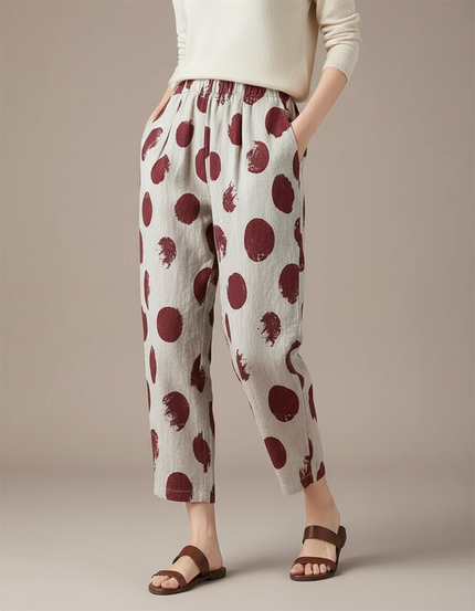 Pantalon Chinois Écru Lin Ample Imprimé Pois Rouge
