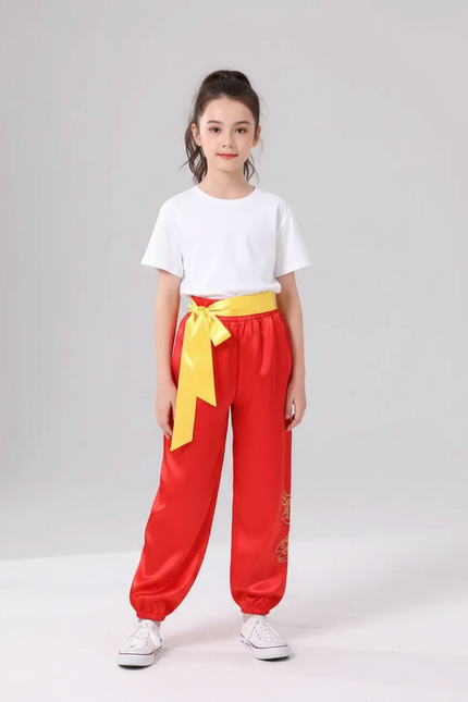 Pantalon Chinois Rouge Satiné Ample Brodé Enfant