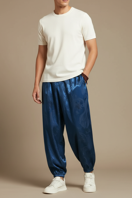 Pantalon Chinois Bleu Dragon Satin Ample Homme