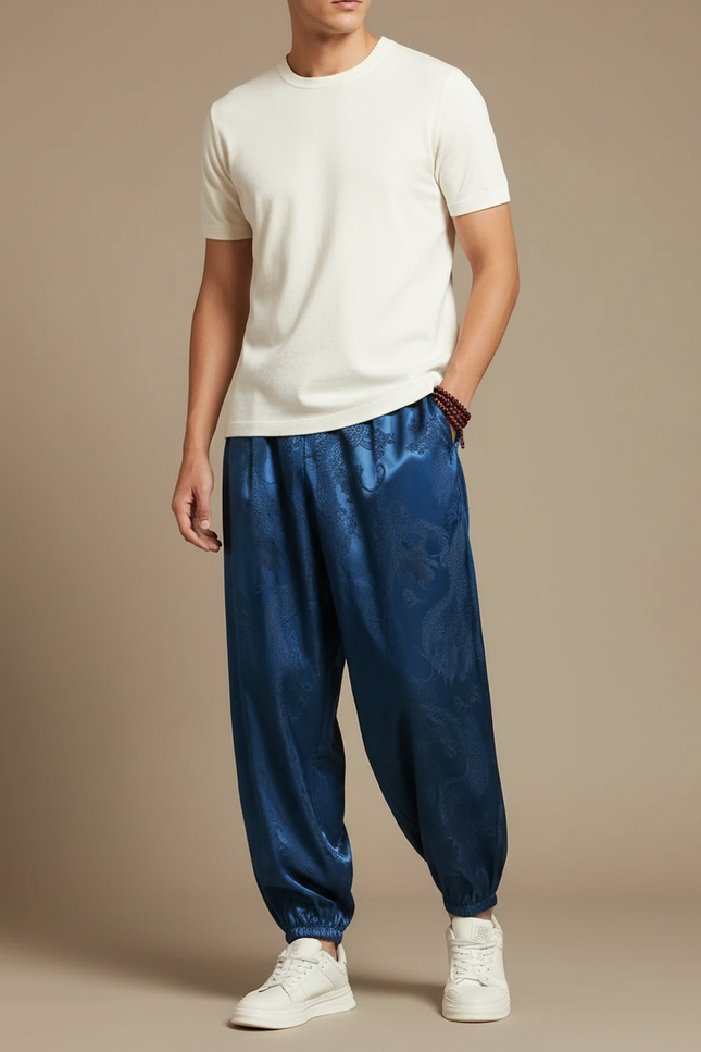 Pantalon Chinois Bleu Dragon Satin Ample Homme