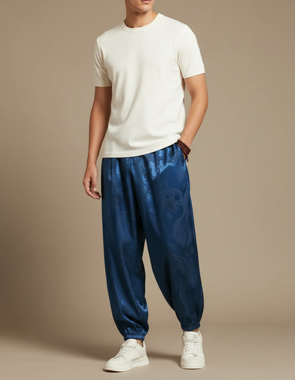 Pantalon Chinois Bleu Dragon Satin Ample Homme