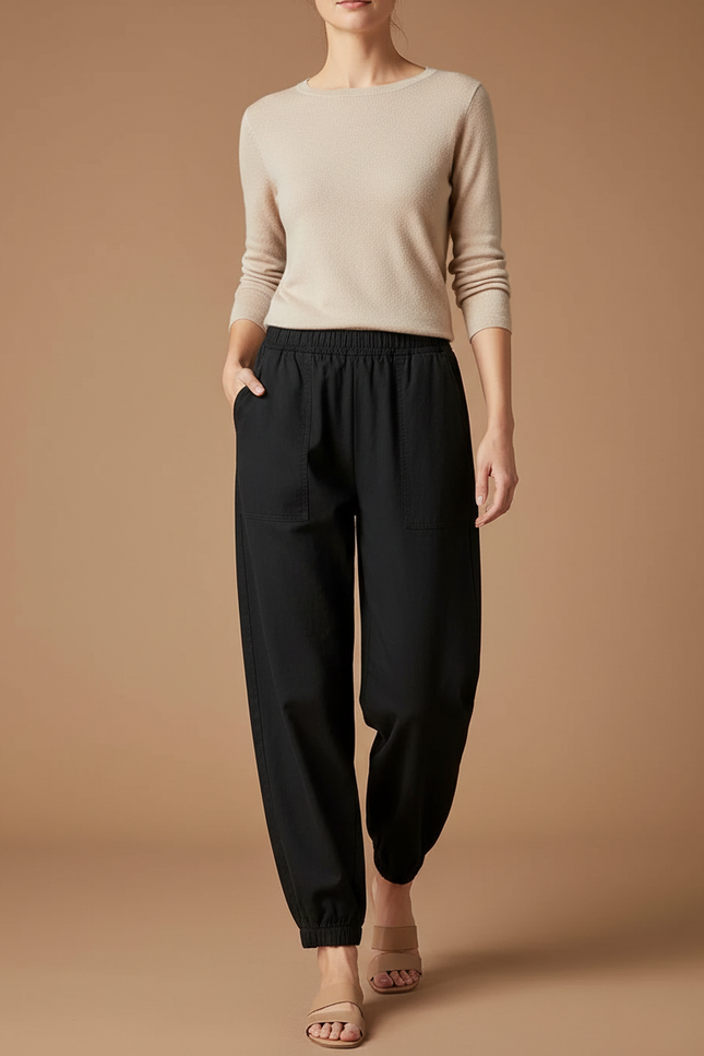 Pantalon Chinois Noir Ample Élastique Confortable Femme - Coton