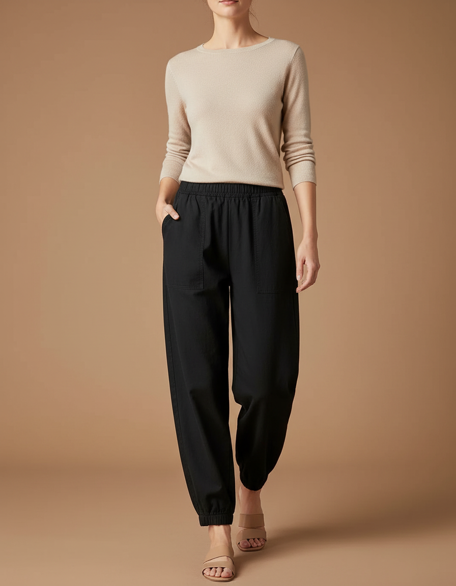 Pantalon Chinois Noir Ample Élastique Confortable Femme - Coton