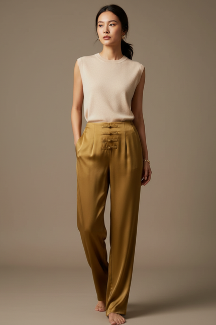 Pantalon Chinois Doré Satiné Ample Nœuds Femme