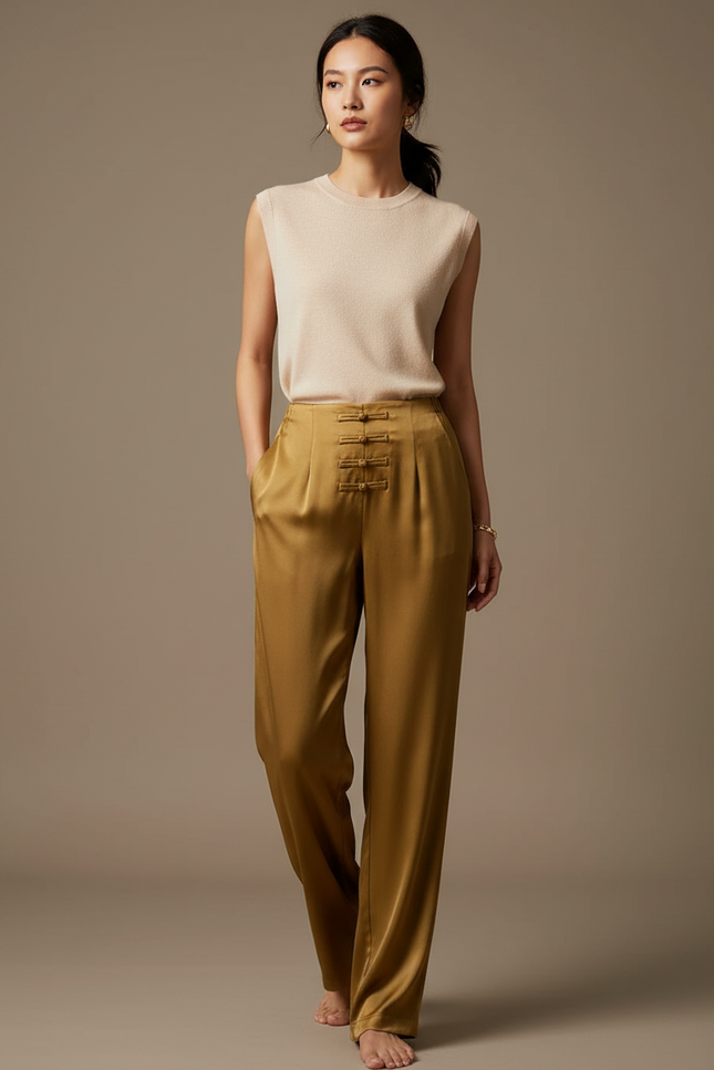 Pantalon Chinois Doré Satiné Ample Nœuds Femme